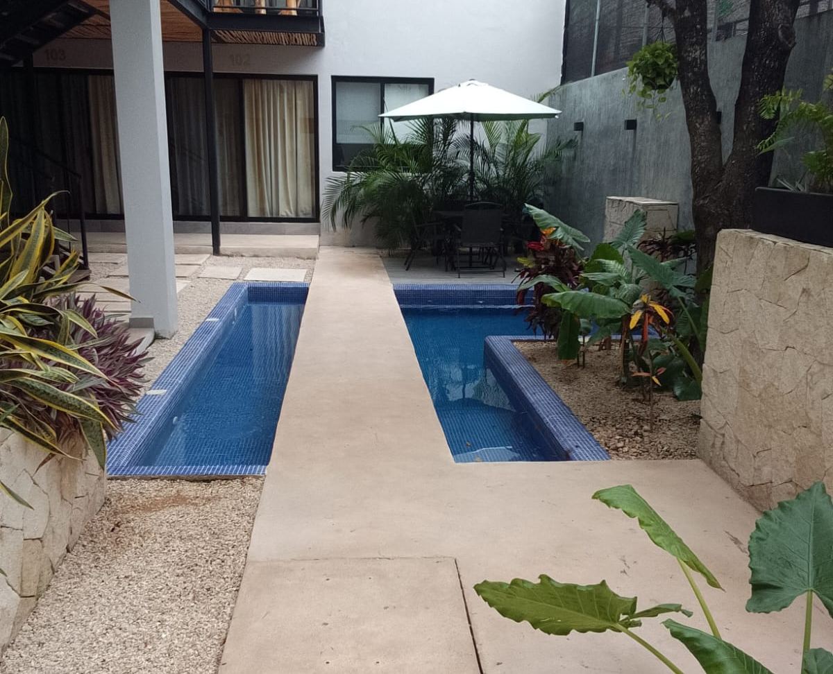 Courtyard with a lap pool and a central walkway